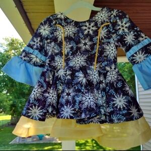 2T Snowflake Patterned Dress with Blue and Gold Accents